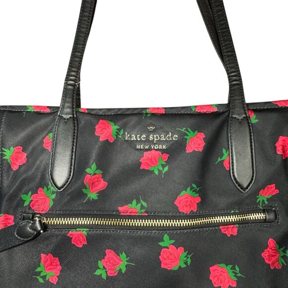 Kate Spade NY Chelsea Rose Toss Printed Black & Red Tote 100% Recycled Nylon - Picture 4 of 9